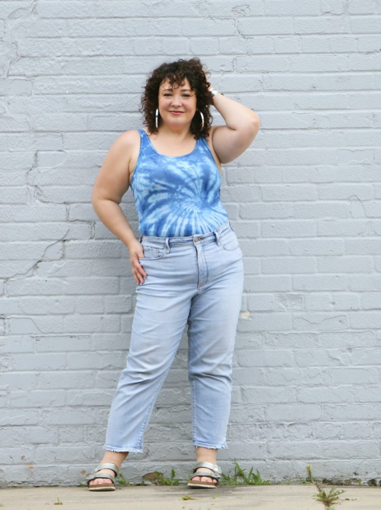 Wardrobe Oxygen in Athleta Jeans and a tie dye tank top