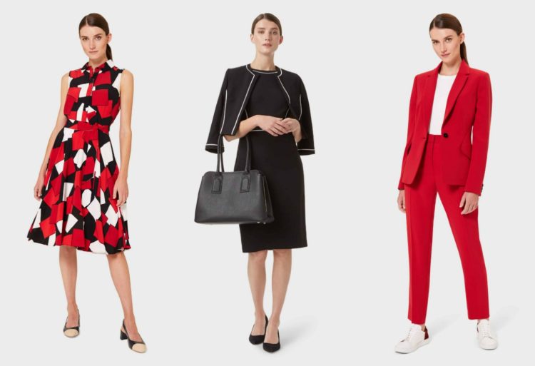 three images of women wearing black and white and red conservative feminine fashion from Hobbs London