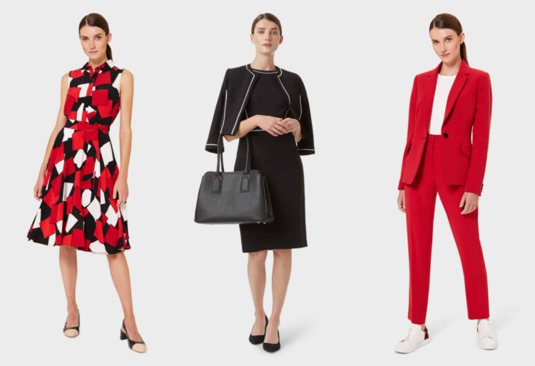 three women wearing black and white and red conservative feminine fashion from Hobbs London