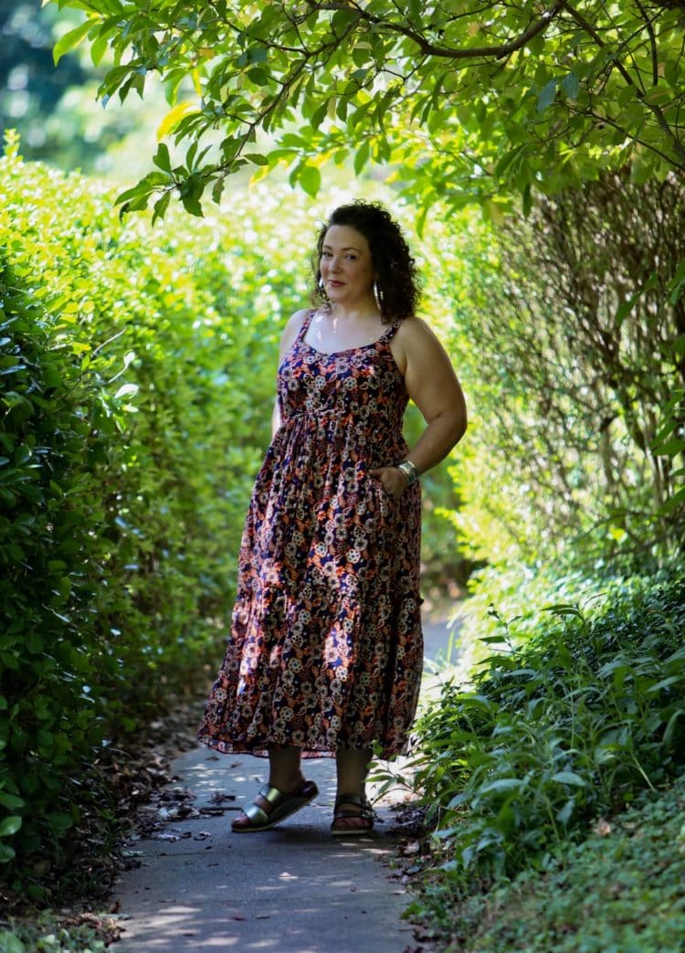 Madewell X Banjanan Sundress 1 Alison Gary of Wardrobe Oxygen in a purple floral Madewell X Banjanan Sundress