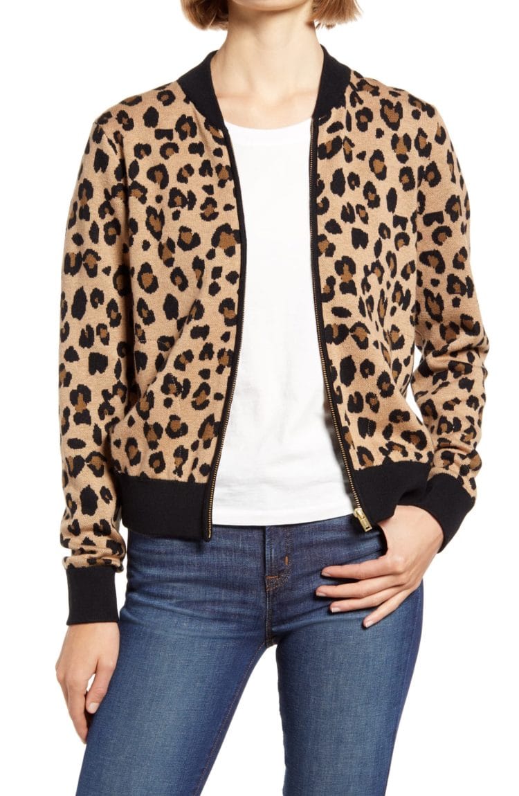 j. crew leopard bomber sweater jacket