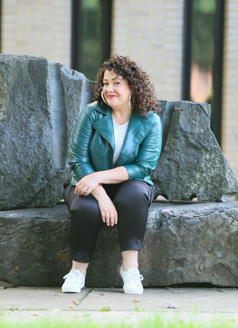 A Green Faux Leather Moto Jacket for Fall