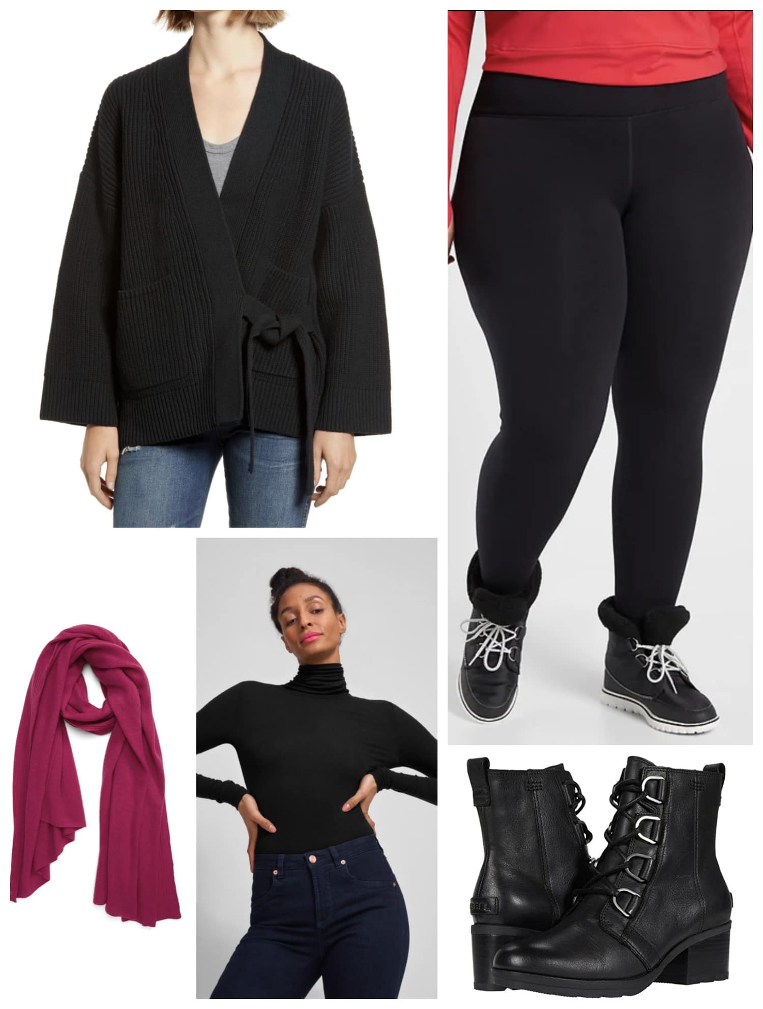 Not-so-basic all-black outfit with a pop of color from a berry colored pashmina