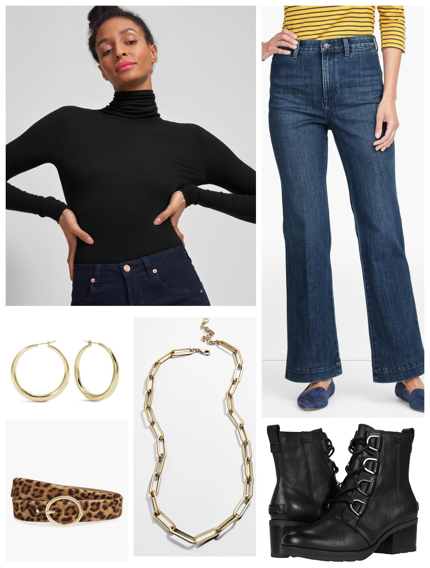 Cozy Sophistication with a black turtleneck and flared jeans with gold hoops.