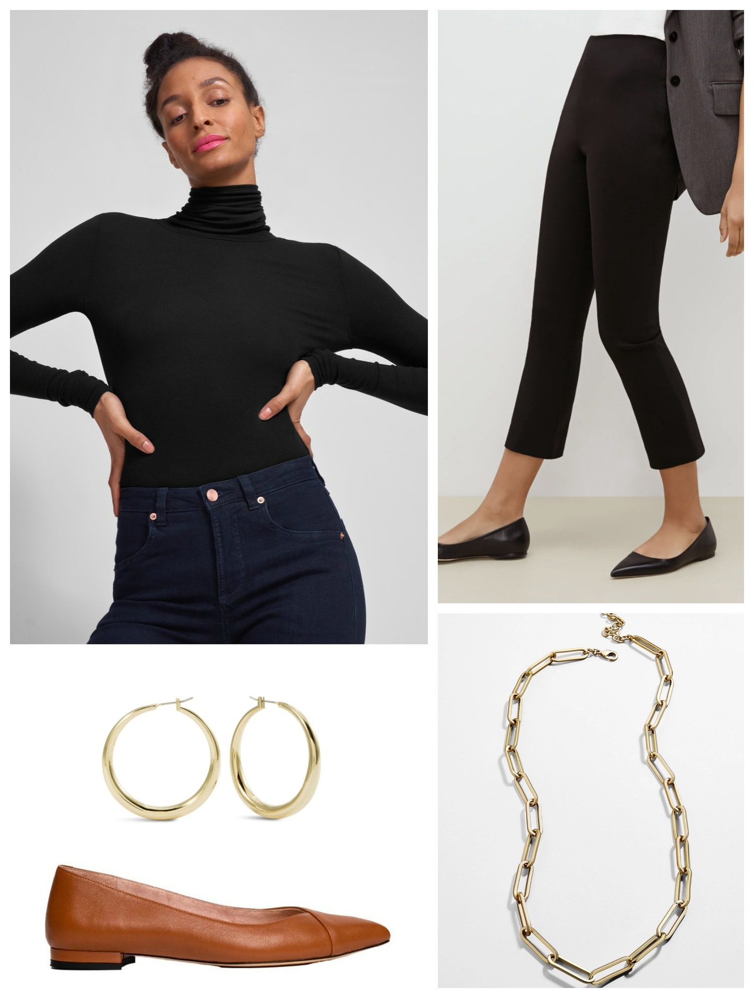 Audrey-inspired comfort with a black turtleneck and ankle pants with camel flats from Ally NYC