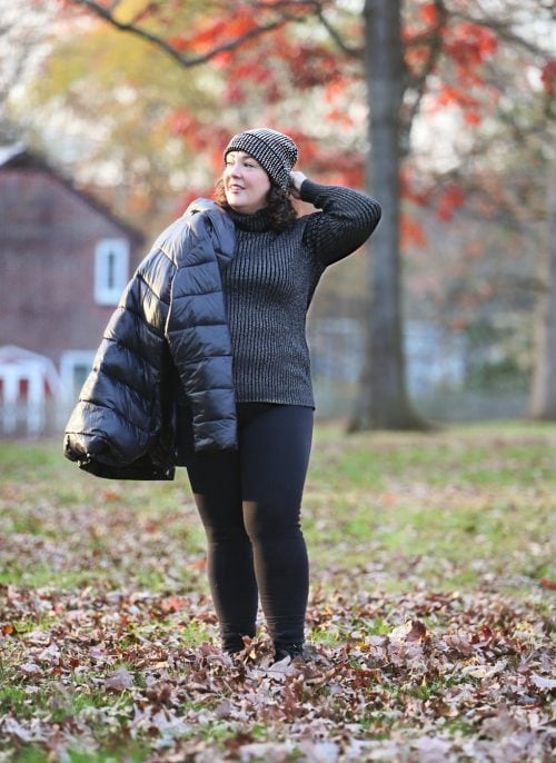 The Universal Standard Kanda Puffer on a Petite Person