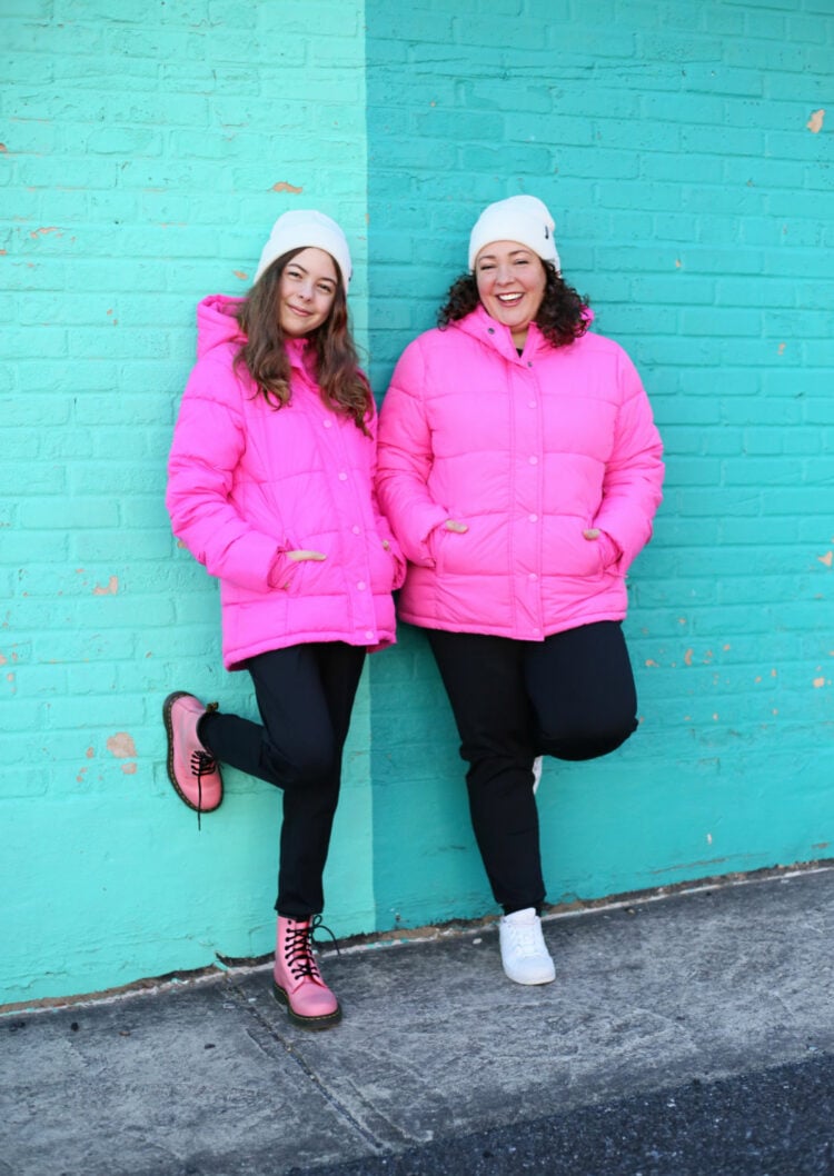 pink puffer coats on Wardrobe Oxygen and her kid