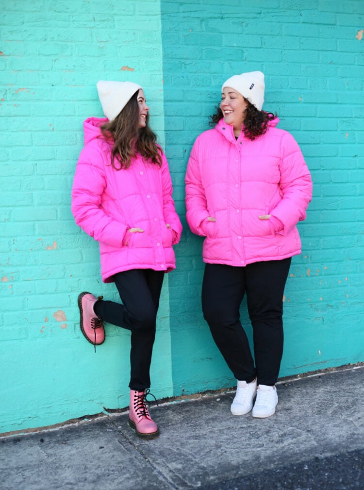 pink puffer coats on Wardrobe Oxygen and her kid