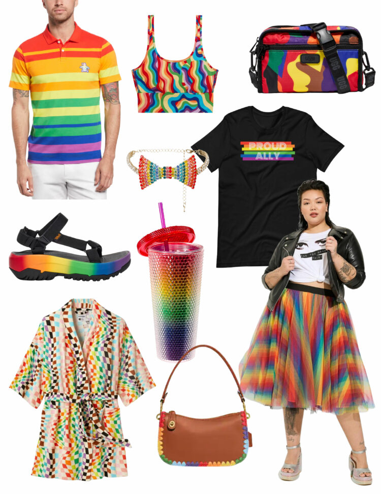 Collage of LGBTQ+ Pride merchandise for 2023 with most of these rainbow merchandise giving back to charitable organizations