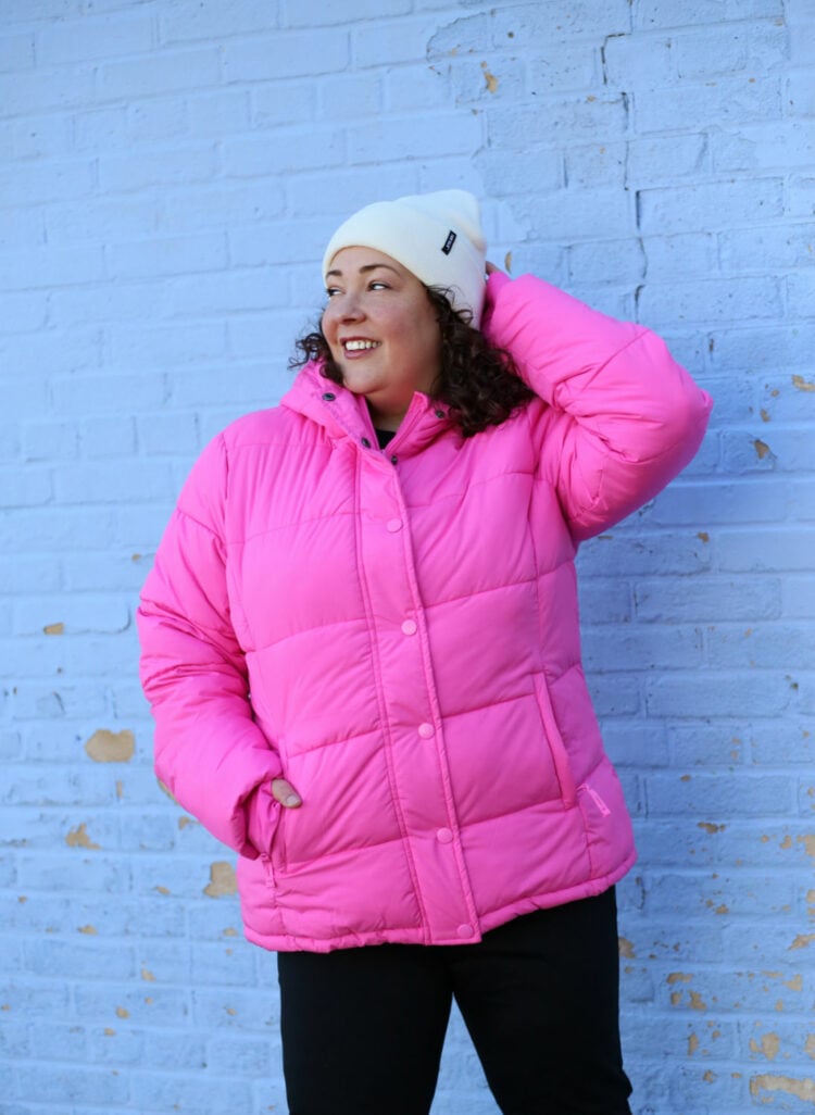 Wardrobe Oxygen in a pink puffer coat with hood from Amazon with a Furtalk beanie