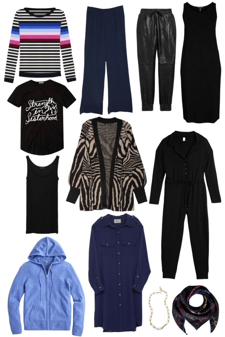 chic plus sized loungewear capsule wardrobe featuring black with pops of blue and animal prints