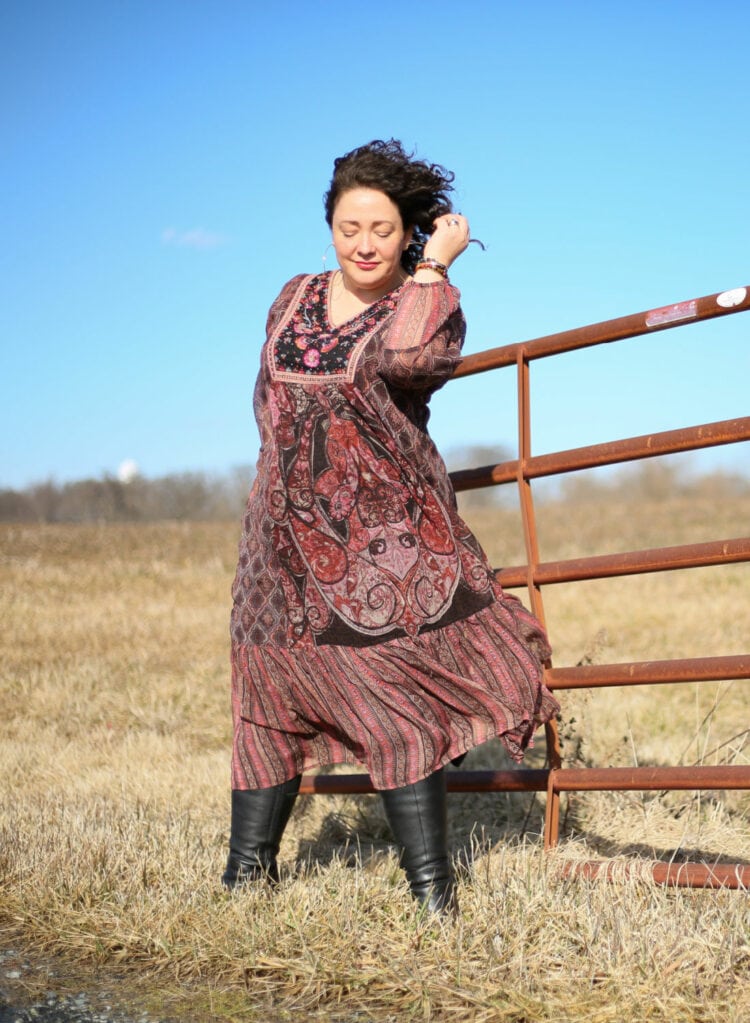 Soft Surroundings Mosaic Dress in a burgundy paisley as seen on Alison Gary of Wardrobe Oxygen