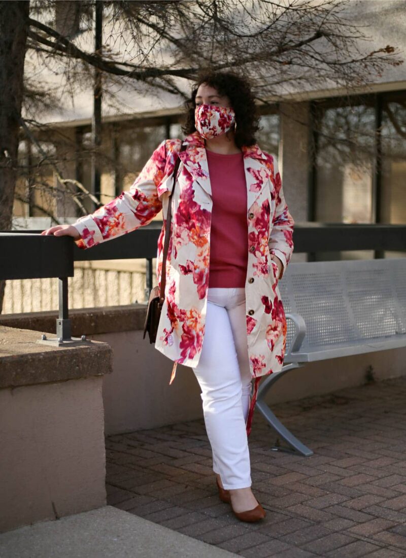 Floral Petite Raincoat with White Jeans