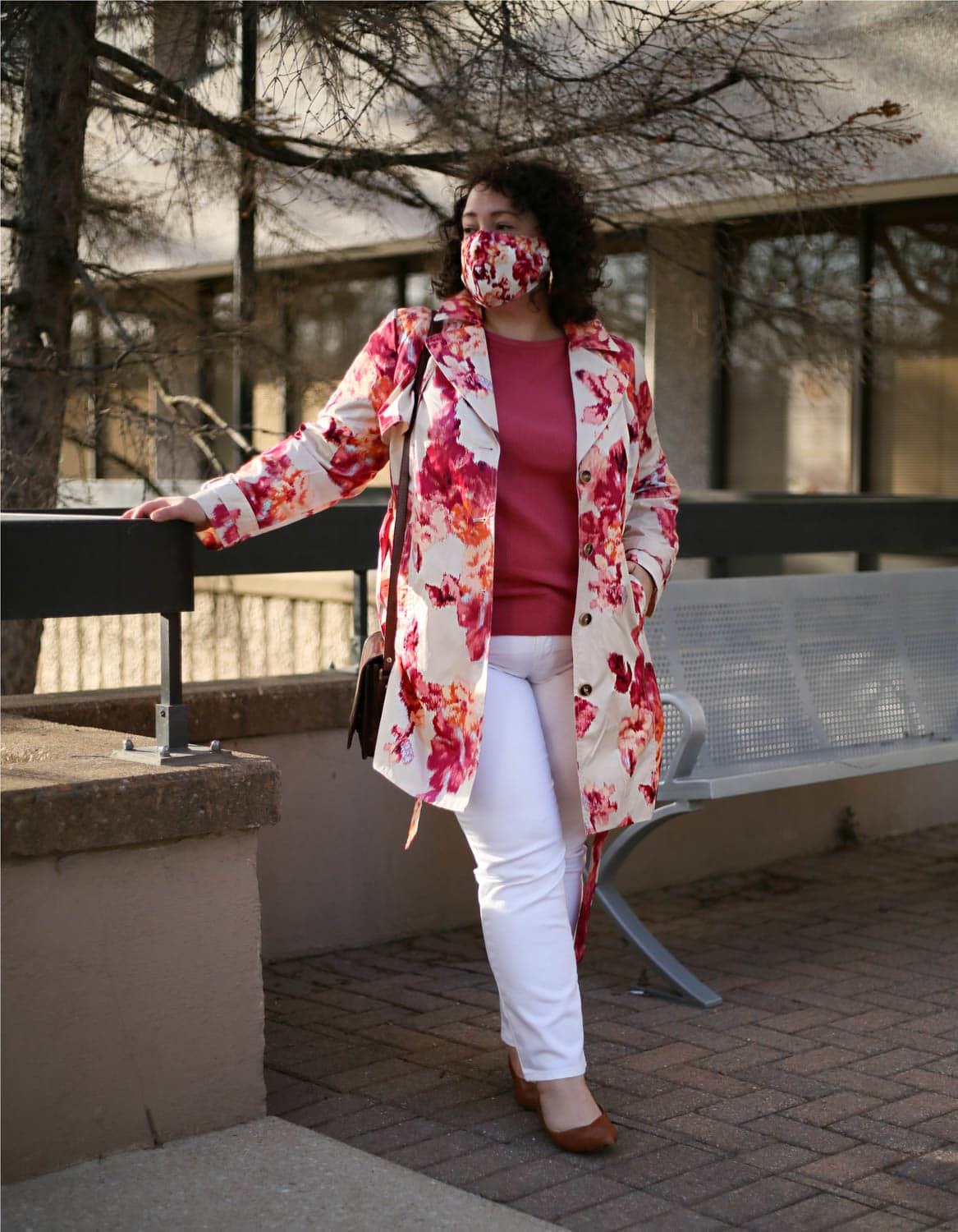 Floral Petite Raincoat with White Jeans