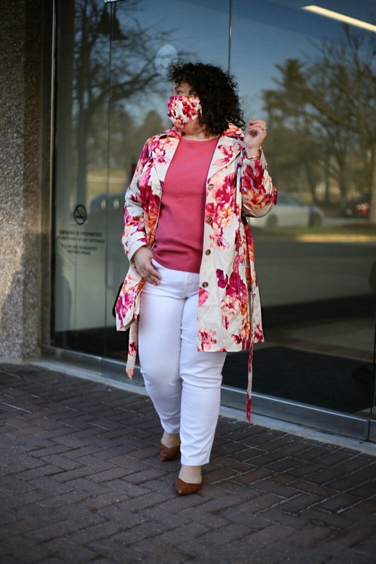 Chico's floral petite raincoat with white jeans