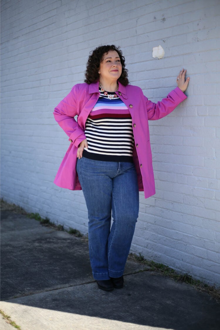 Pink Mac-style raincoat and striped sweater from Talbots on Wardrobe Oxygen