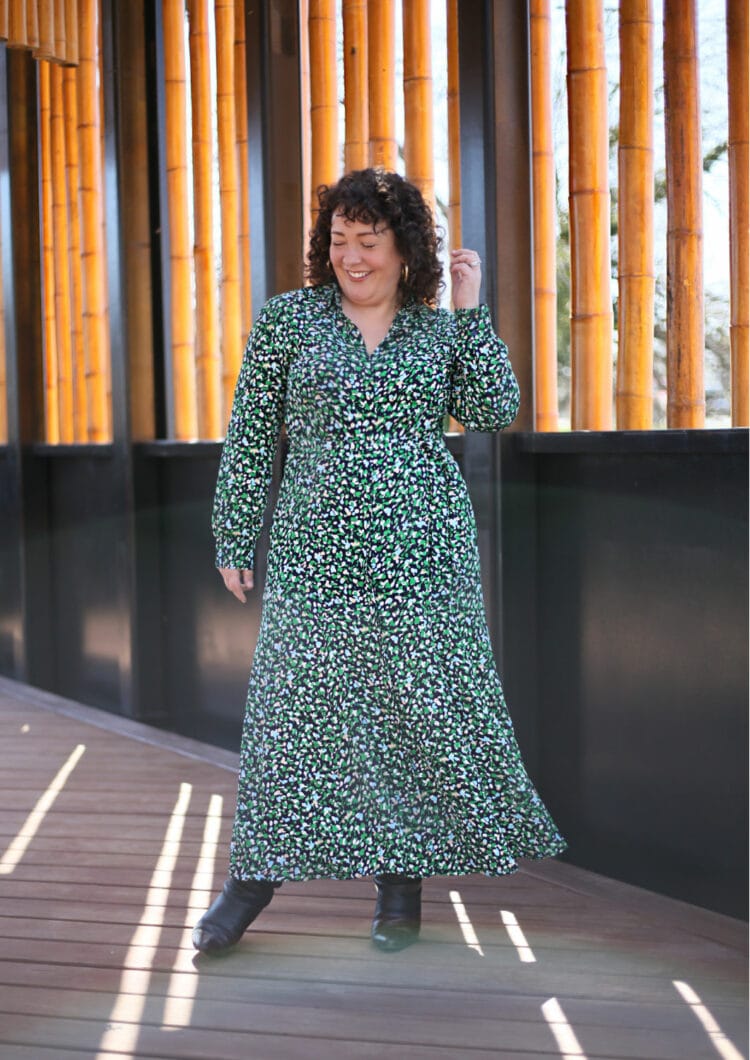 Alison of Wardrobe Oxygen in a green printed long sleeved maxi shirtdress