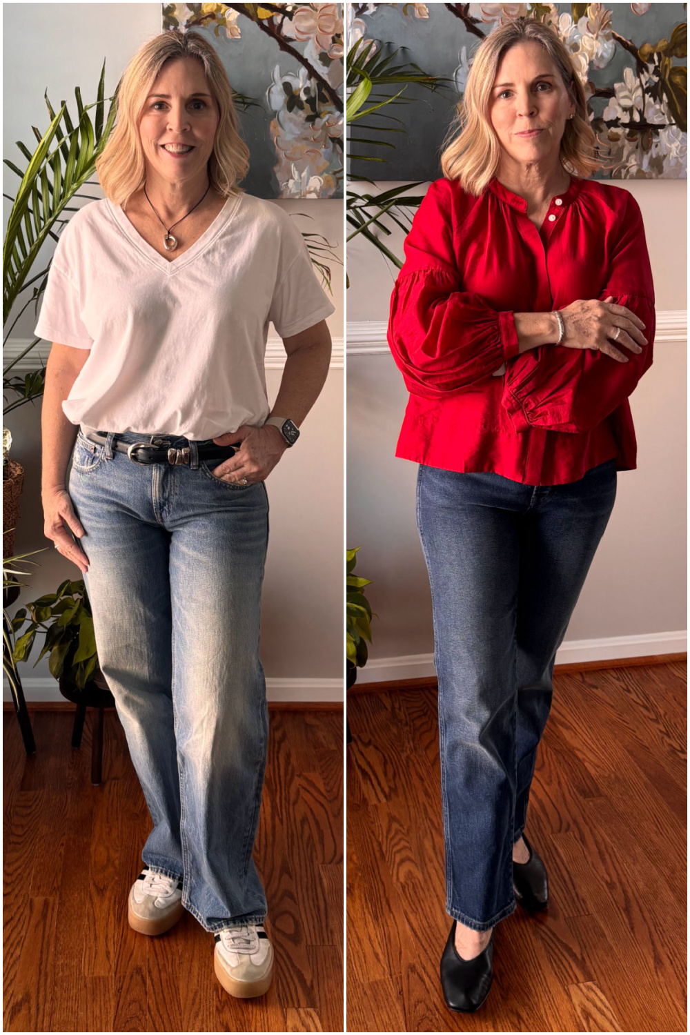 wardrobe oxygen community member modeling two different styles of denim for a madewell jeans review