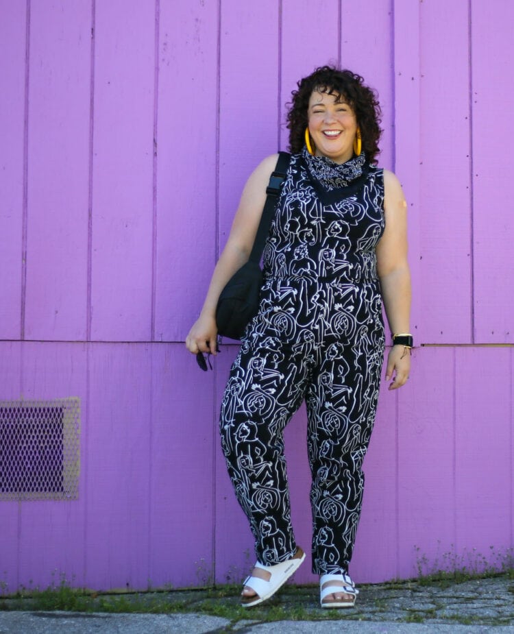 Alison Gary of Wardrobe Oxygen wearing a Dazey LA black and white graphic print sleeveless knit top and matching pants