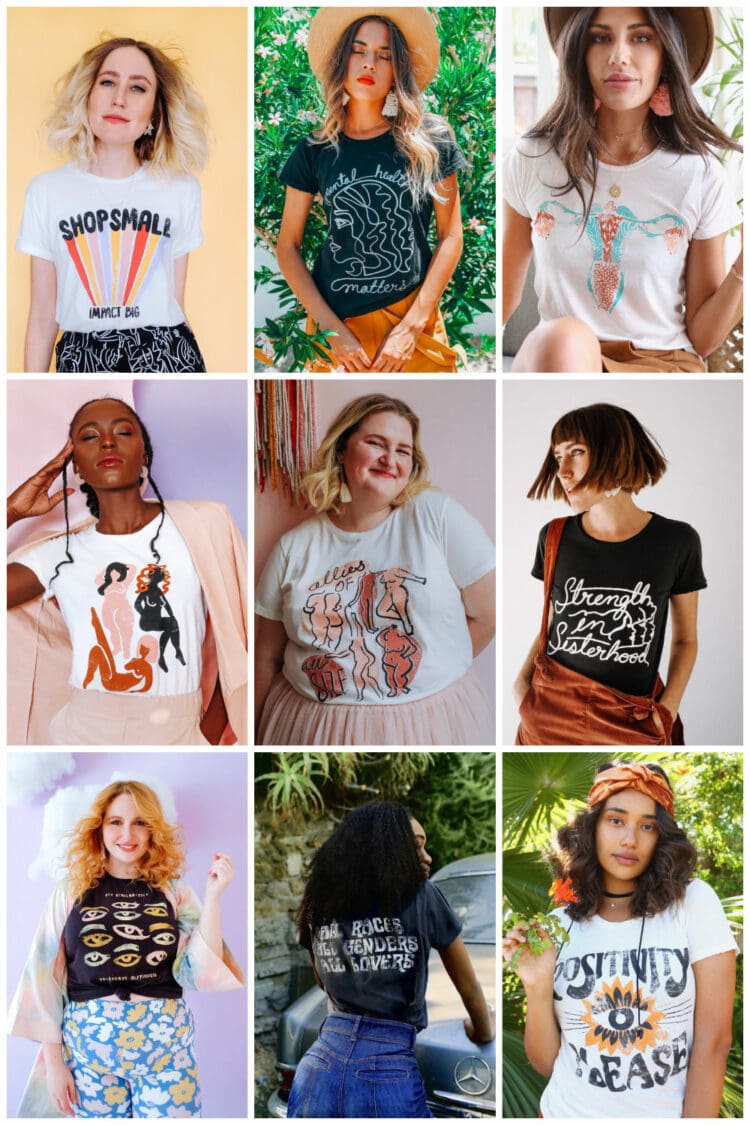 collage of nine women wearing graphic t-shirts from Dazey LA