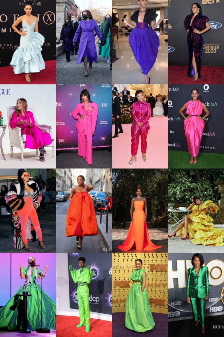 A collage of 16 images with celebrities such as Lil Nas X, Regina King, Tracee Ellis Ross, Zendaya, and Kamala Harris wearing colorful fashions from Christopher John Rogers