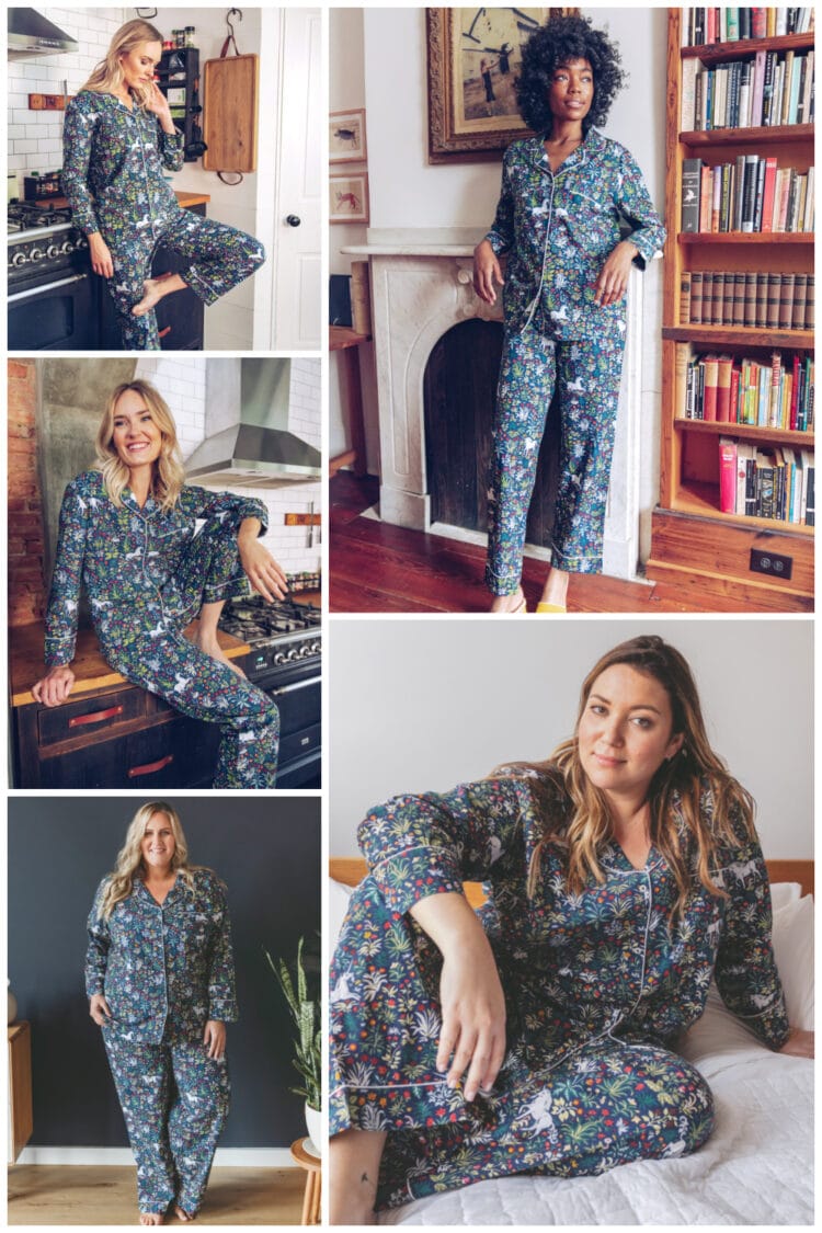 Collage of different sized women models wearing the same style of Printfresh pajamas