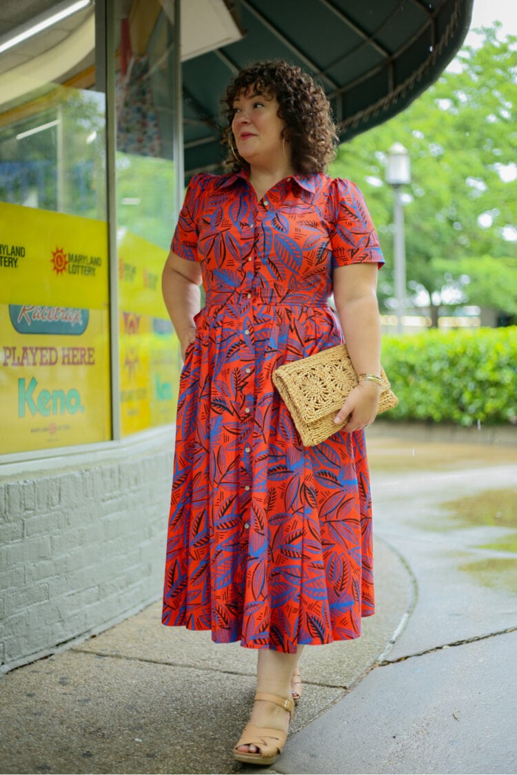 Alison wearing the ALEXIS for Target Tropical Leaf Short Sleeve Shirtdress