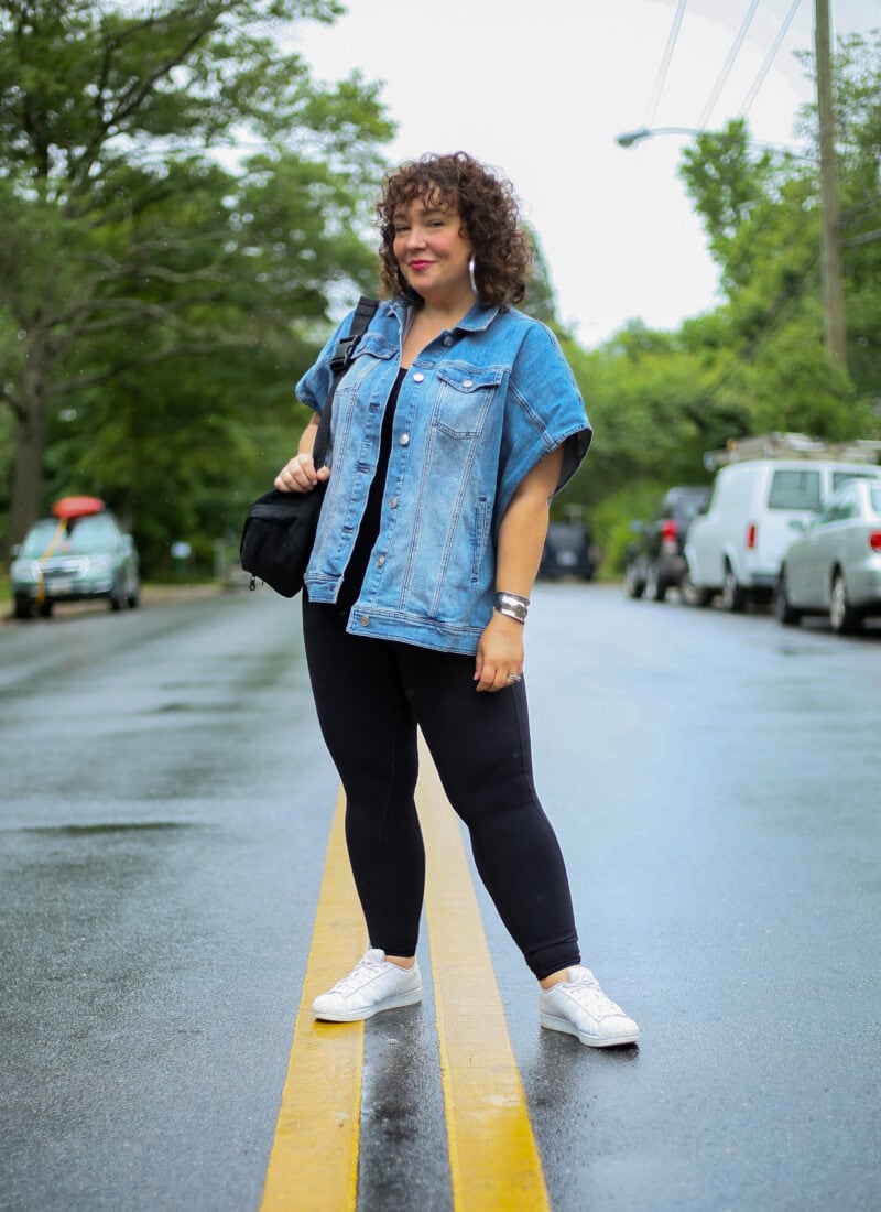 Chico's denim ruana and Universal Standard Next to Nothing Bodysuit as seen on Alison Gary of Wardrobe oxygen