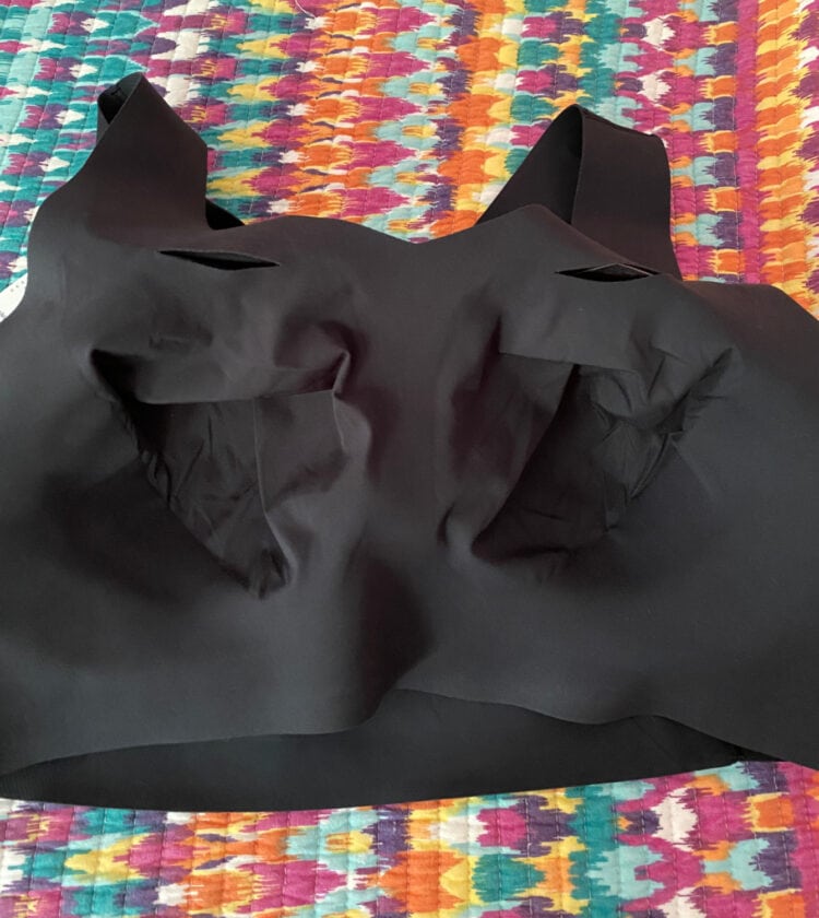 Showing the  inside of the Evelyn & Bobbie Defy Bra. Like the Beyond Bra, it has removable cups and little slits at the top of each cup to slip them in and out. I found it relatively easy to place them back in the right spot.