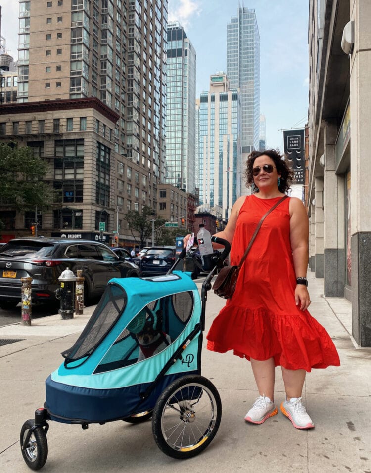 orange dress sightseeing in NYC