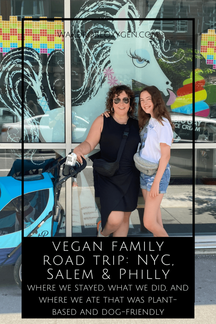 Vegan Family Road Trip: Where We Stayed and Where We Ate 1 vegan family road trip by Wardrobe Oxygen. Photo is of Alison and her daughter standing in front of the restaurant big Gay Ice Cream in Philadelphia