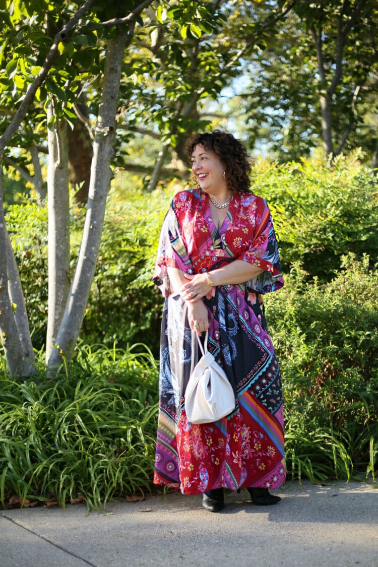 Wardrobe Oxygen wearing an eShakti floral maxi dress