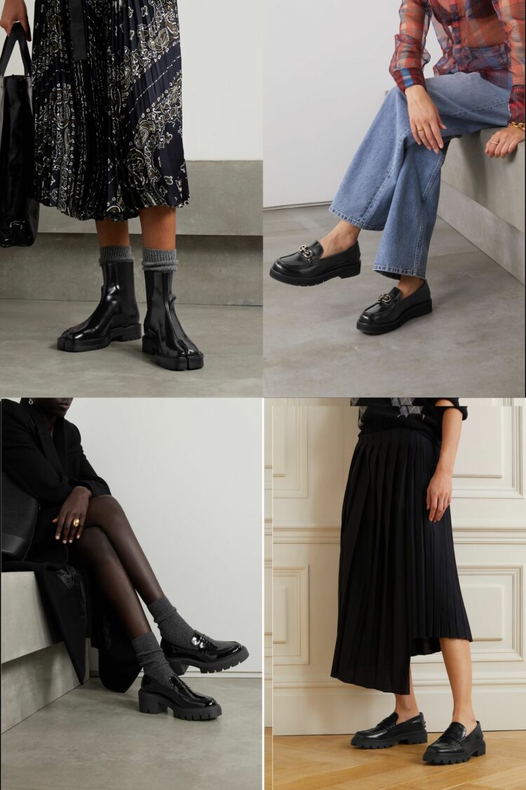 a collage of four women's legs wearing lug sole shoes. One wears combat boots with colored socks slouched above with a dress. One has no-show socks with wide leg jeans. Another has lug soles with no socks and a dress. The final has gray socks with lug sole loafers