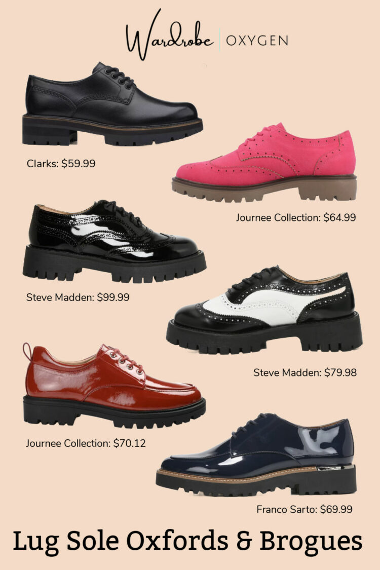 a collage of six different lug sole oxfords under $100