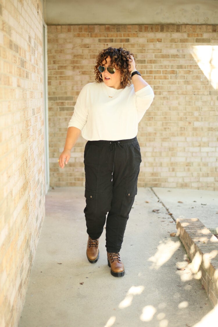 Alison of Wardrobe Oxygen in black Banana Republic cargo pants