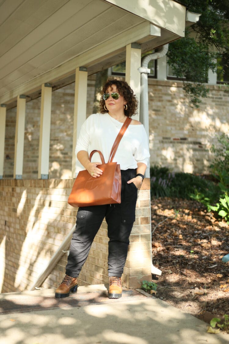 Alison of Wardrobe Oxygen holding the Medium tan TELFAR tote