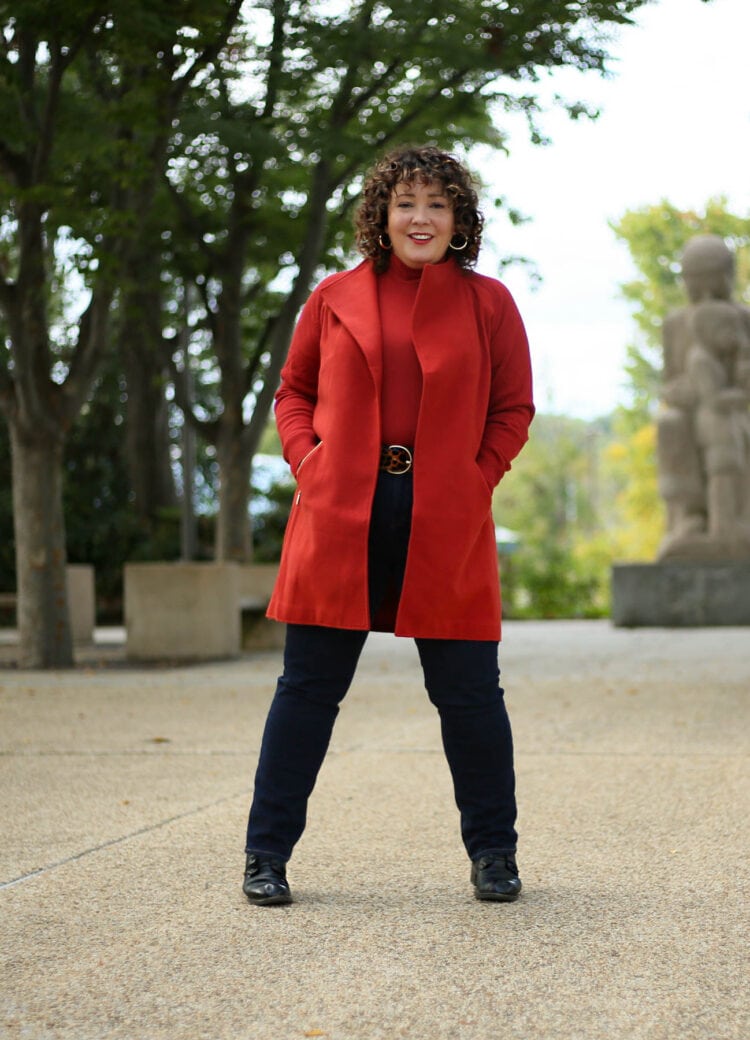 Spiced Red Sweater Coat and Jeans for Fall 1 Chico's spiced red sweater coat