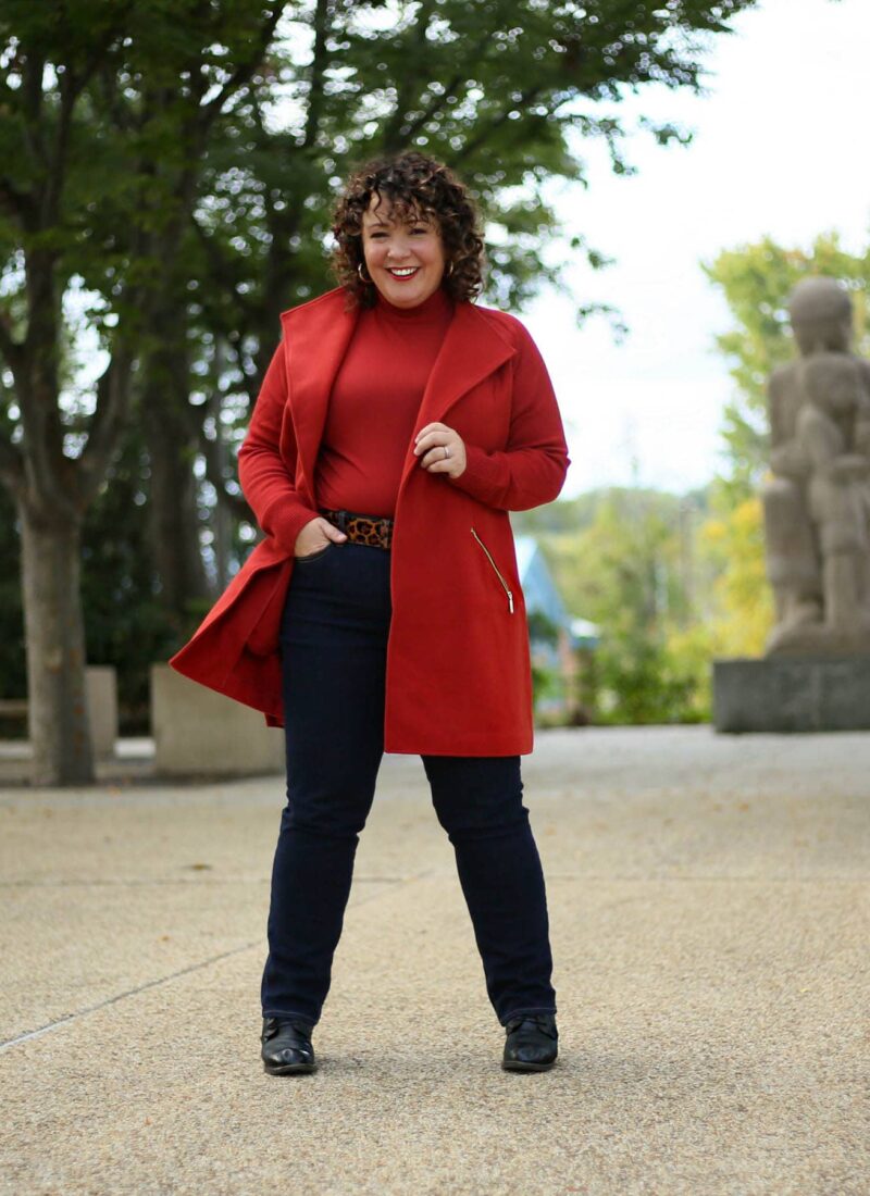 Chico's spiced red sweater coat on Wardrobe Oxygen