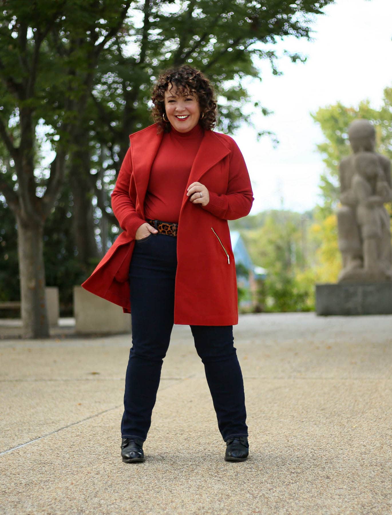 Spiced Red Sweater Coat and Jeans for Fall