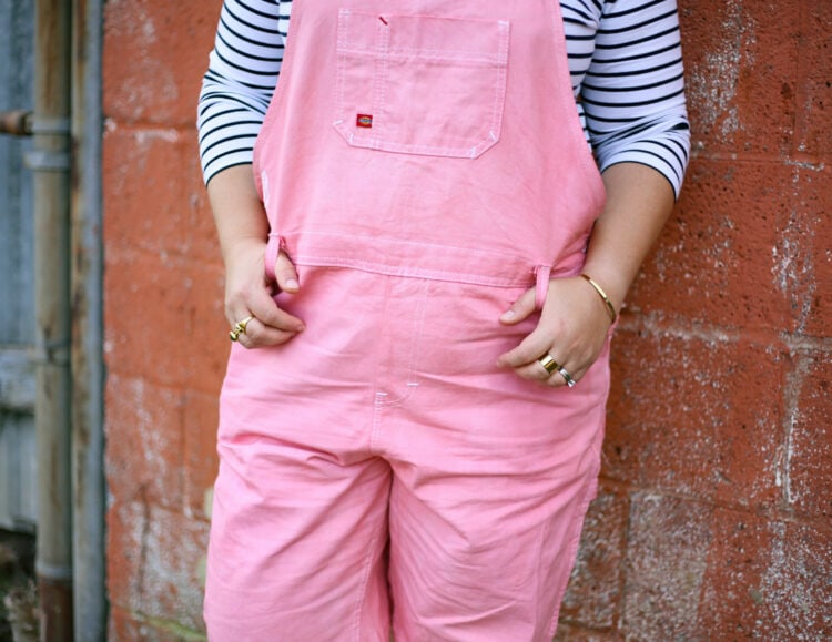 Closeup of pink Dickies overalls