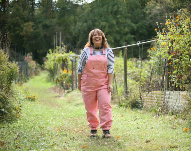 pink plus size Dickies overalls with a black and white striped tee as seen on Alison of Wardrobe Oxygen.