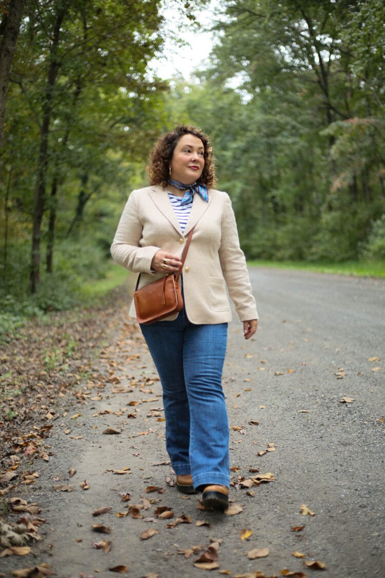 Wardrobe Oxygen in a Talbots shetland blazer and high waisted flare jeans