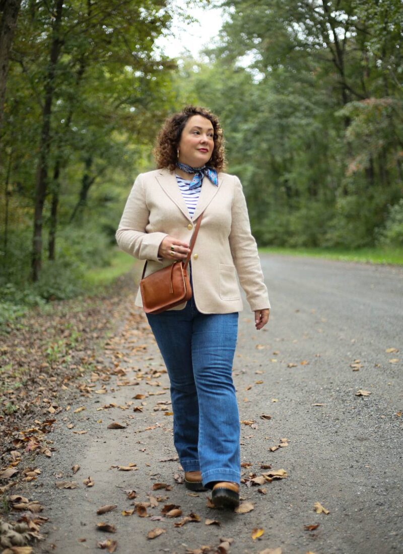 Wardrobe Oxygen in a Talbots shetland blazer and high waisted flare jeans