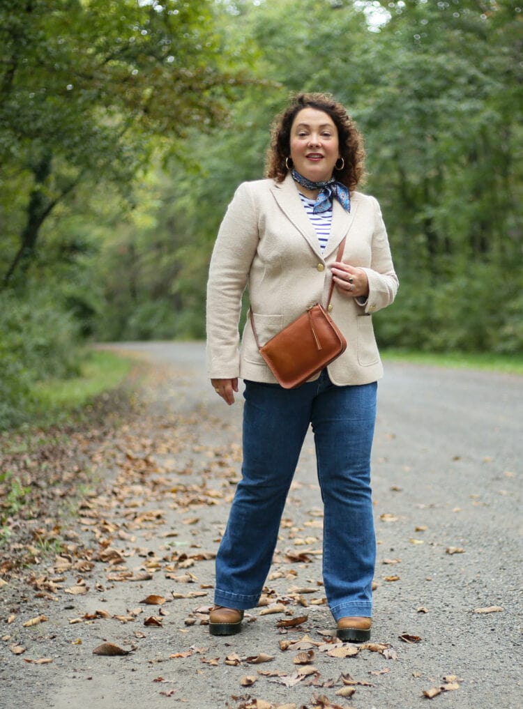 Alison wearing a beige shetland blazer from Talbots with a brown leather crossbody bag from Madewell