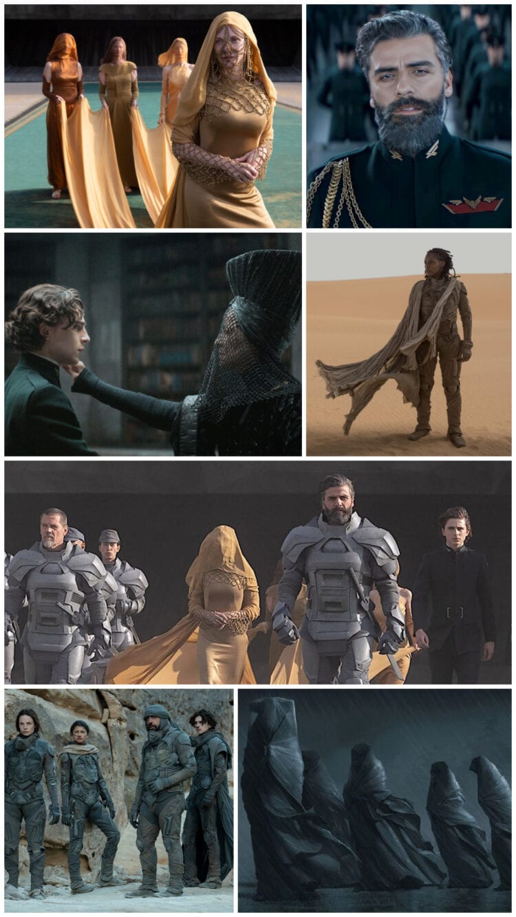 Collage of screenshots from the 2021 movie Dune, showcasing the costumes
