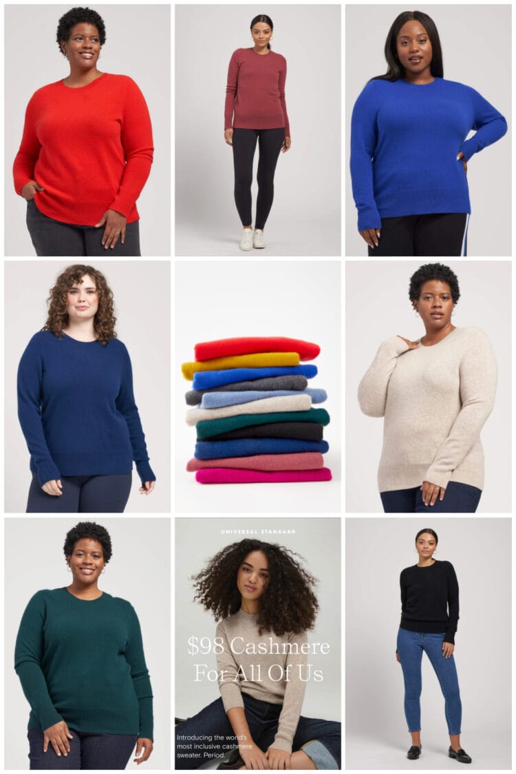 Universal Standard cashmere review by Wardrobe Oxygen featuring a collage of the different colors of crewenecks available