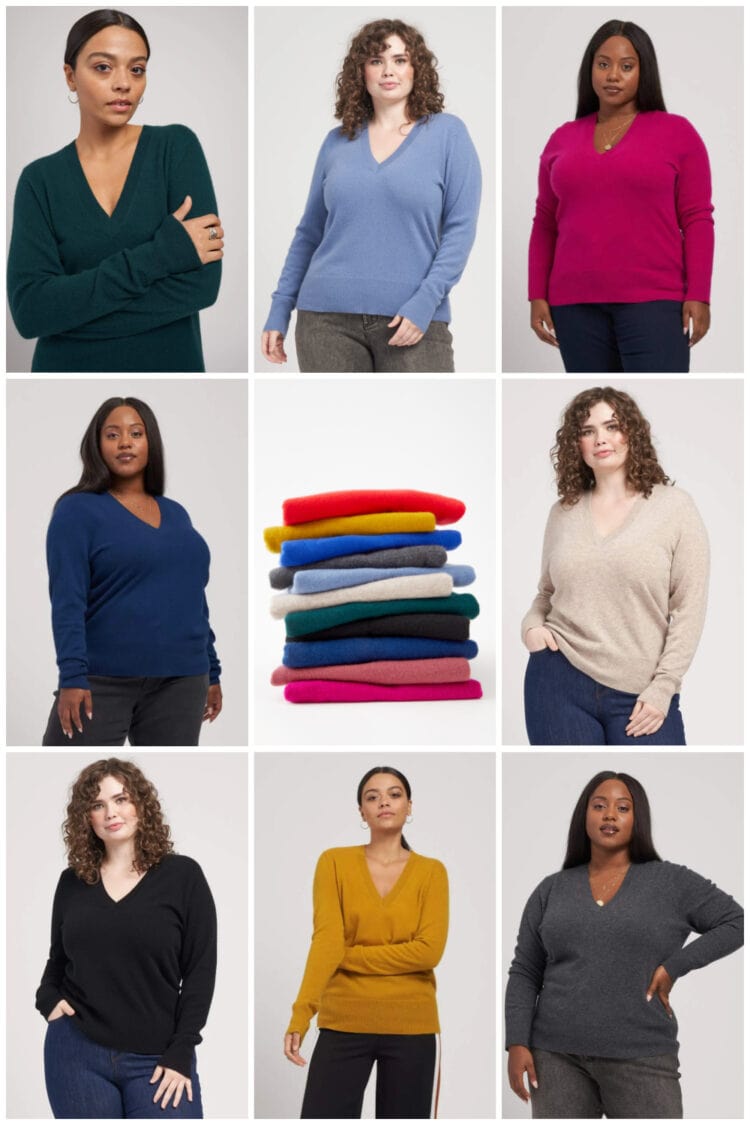 collage of the eight colors available in the Universal Standard cashmere v-neck sweater