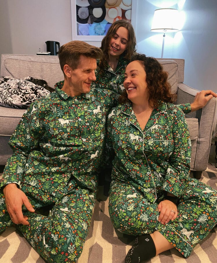 Alison of Wardrobe Oxygen with her husband and daughter in matching Printfresh pajamas