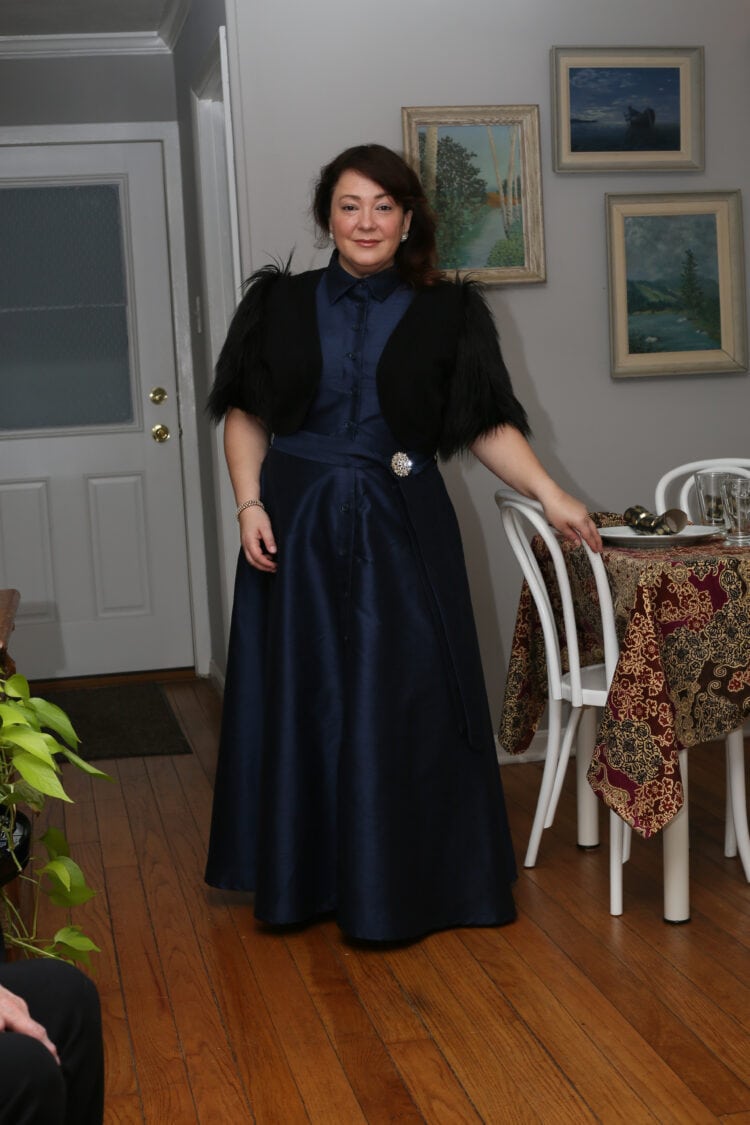 what I wore Christmas Eve featuring a navy dupioni maxi shirtdress from eShakti and a faux fur black shrug
