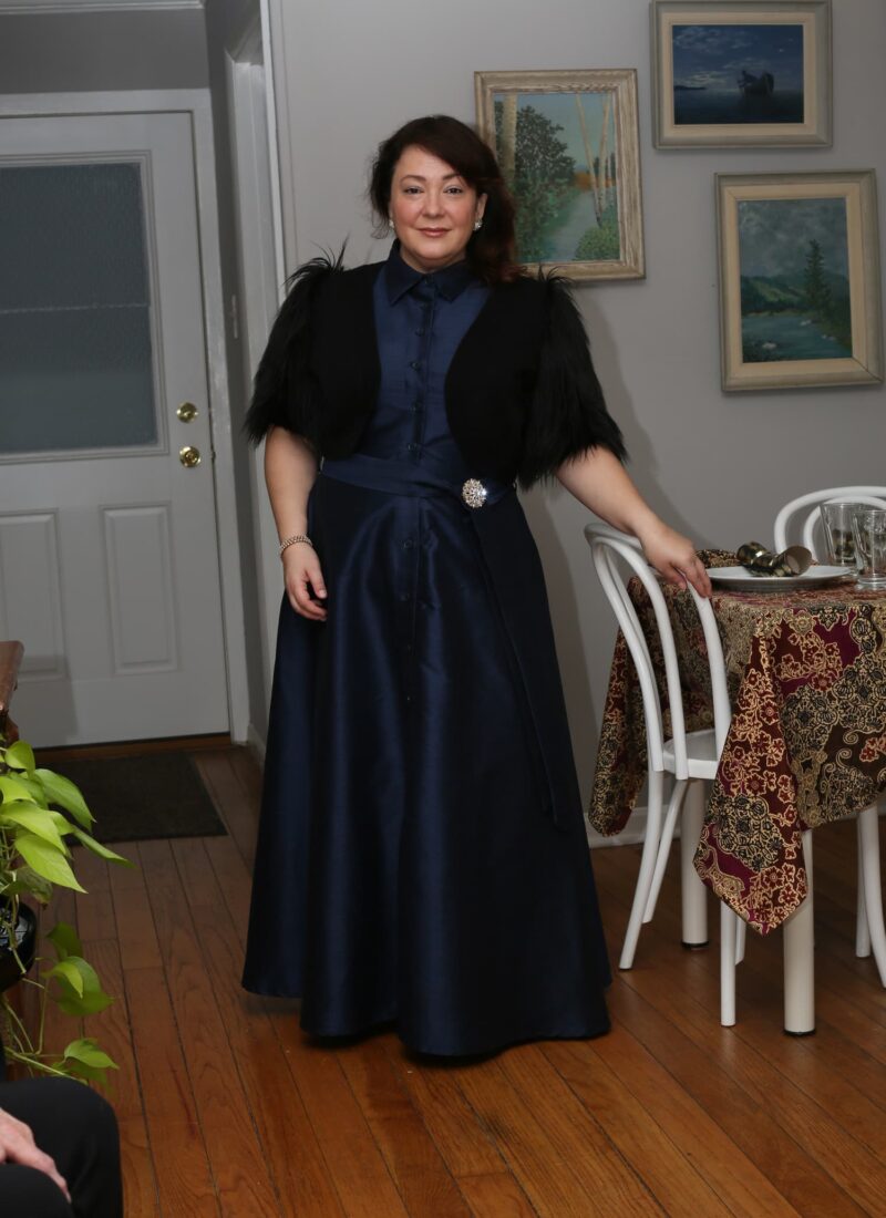 what I wore Christmas Eve featuring a navy dupioni maxi shirtdress from eShakti and a faux fur black shrug